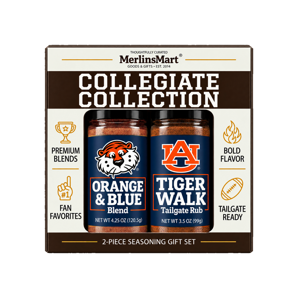 MerlinsMart Auburn Gift Set: Orange & Blue Blend and Tiger Walk Tailgate Rub, officially licensed 2-flavor BBQ seasoning gift box