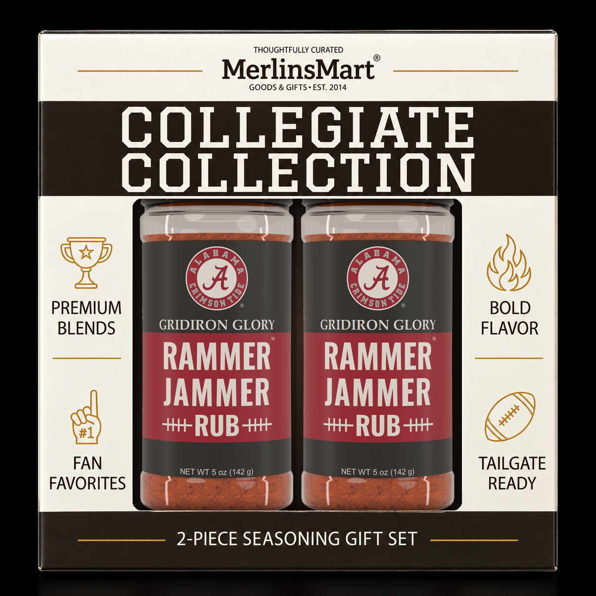 MerlinsMart Rammer Jammer Rub 2-count gift box, Alabama Crimson Tide officially licensed BBQ seasoning