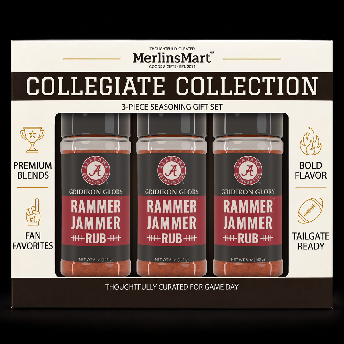 MerlinsMart Rammer Jammer Rub 3-count gift box, Alabama Crimson Tide officially licensed BBQ seasoning