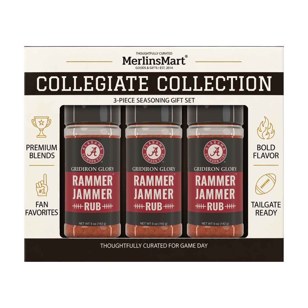 MerlinsMart Rammer Jammer Rub 3-count gift box, Alabama Crimson Tide officially licensed BBQ seasoning