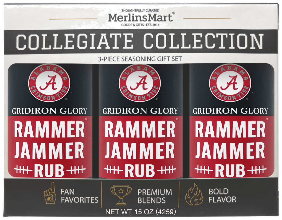 MerlinsMart Rammer Jammer Rub 3-count gift box, Alabama Crimson Tide officially licensed BBQ seasoning, three jars in packaging