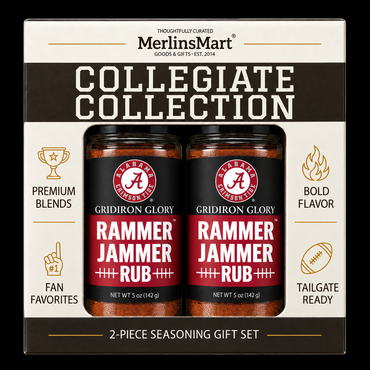 MerlinsMart Rammer Jammer Rub 2-count gift box, Alabama Crimson Tide officially licensed BBQ seasoning