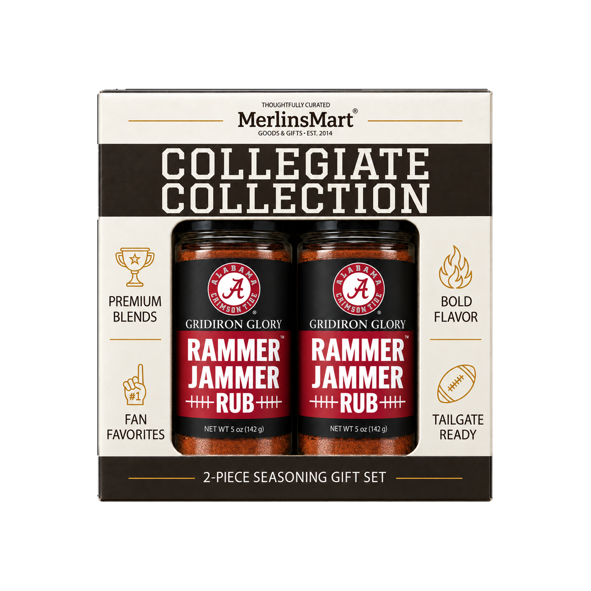MerlinsMart Rammer Jammer Rub 2-count gift box, Alabama Crimson Tide officially licensed BBQ seasoning