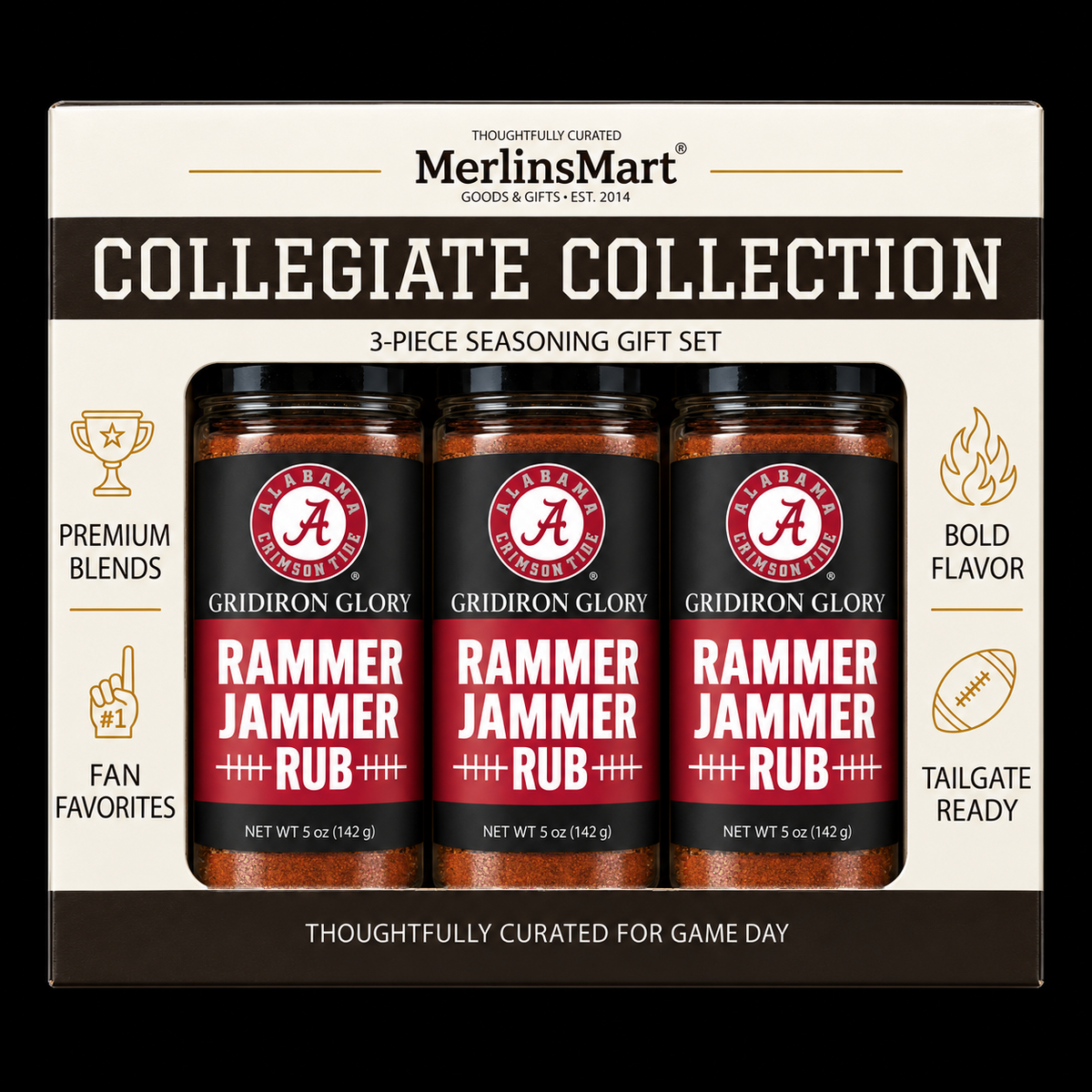 MerlinsMart Rammer Jammer Rub 3-count gift box, Alabama Crimson Tide officially licensed BBQ seasoning