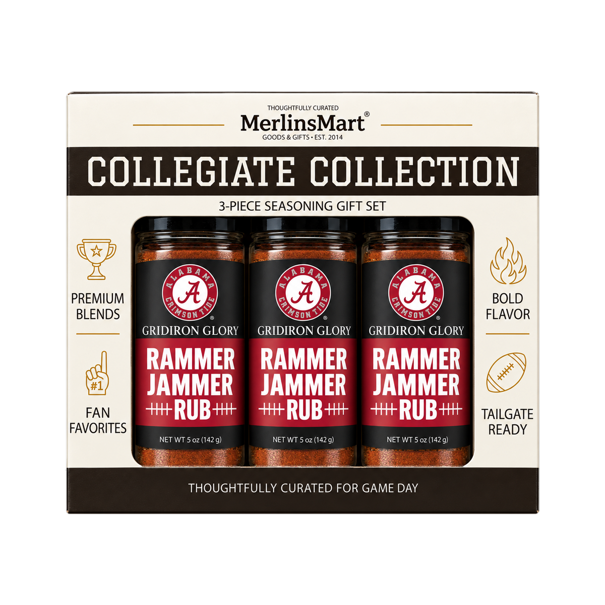 MerlinsMart Rammer Jammer Rub 3-count gift box, Alabama Crimson Tide officially licensed BBQ seasoning