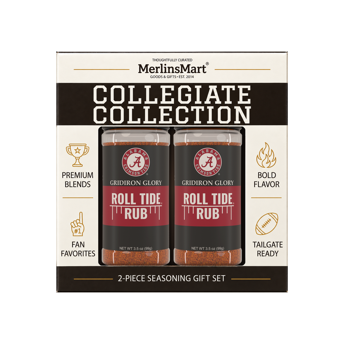 MerlinsMart Roll Tide Rub 2-count gift box, University of Alabama officially licensed BBQ seasoning