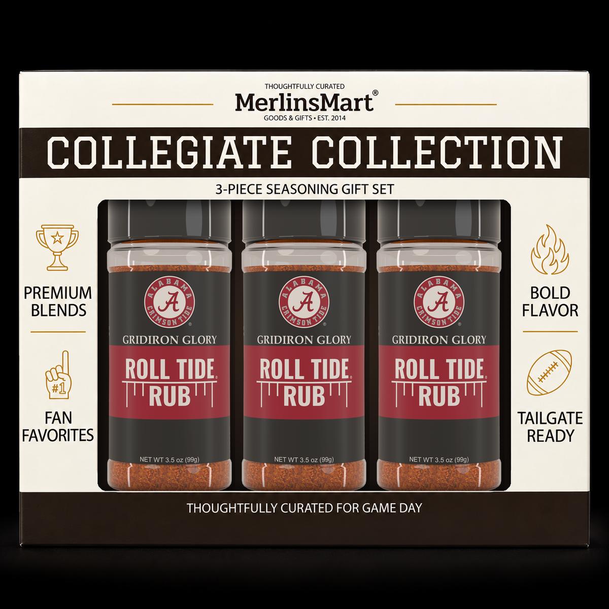 MerlinsMart Roll Tide Rub 3-count gift box, University of Alabama officially licensed BBQ seasoning