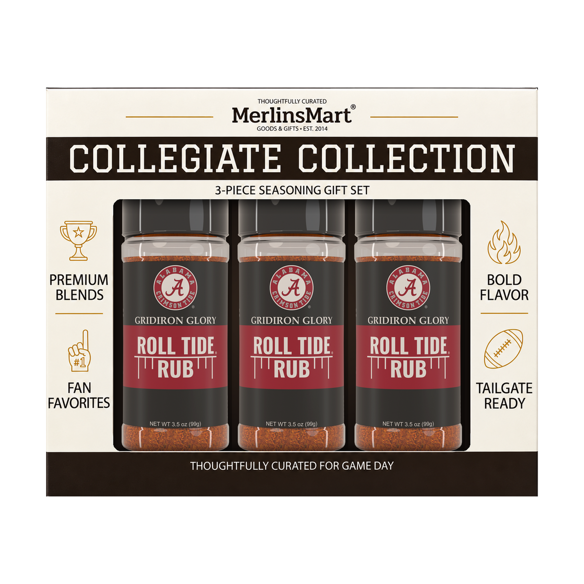 MerlinsMart Roll Tide Rub 3-count gift box, University of Alabama officially licensed BBQ seasoning