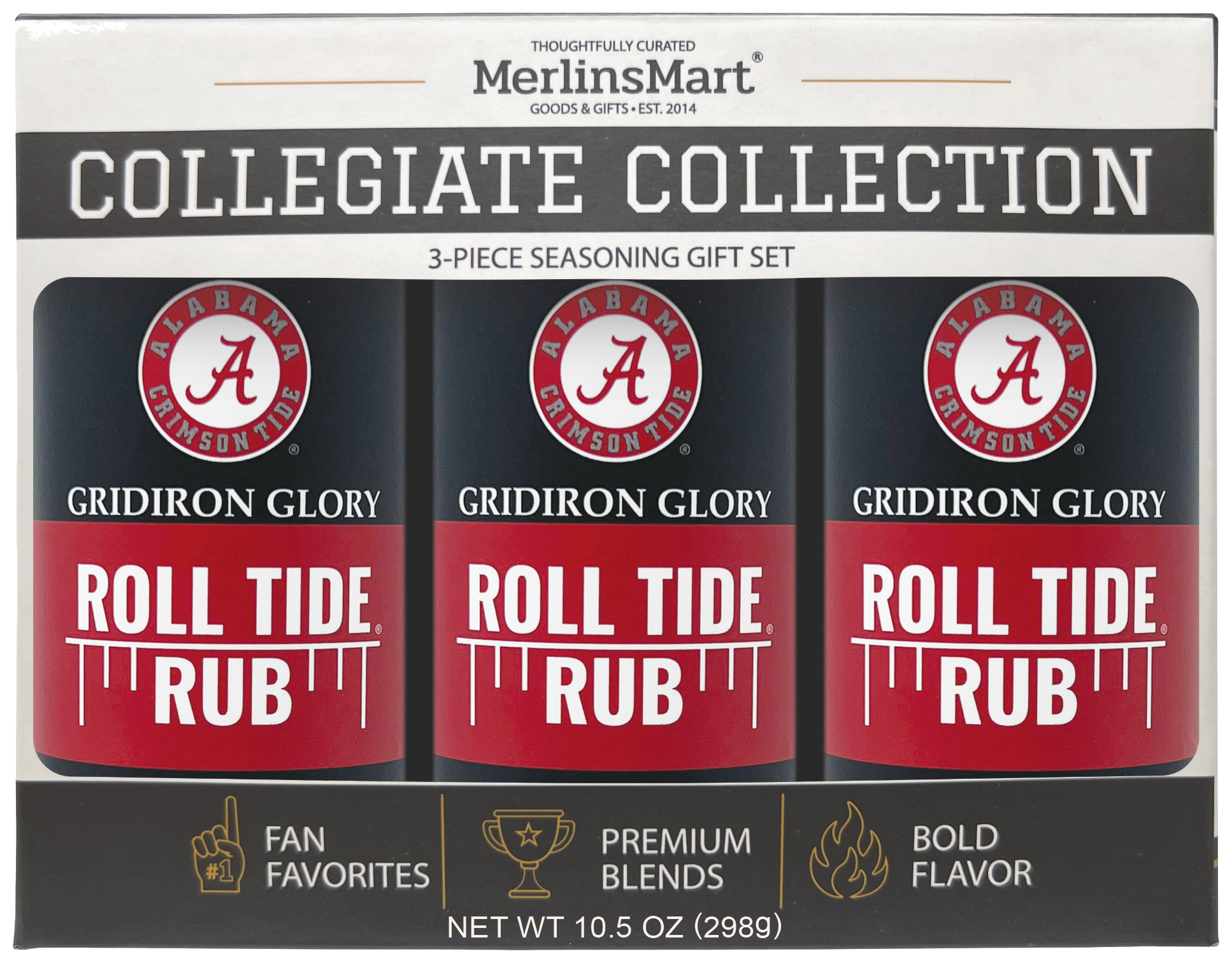 MerlinsMart Roll Tide Rub 3-count gift box, University of Alabama officially licensed BBQ seasoning, three jars in packaging