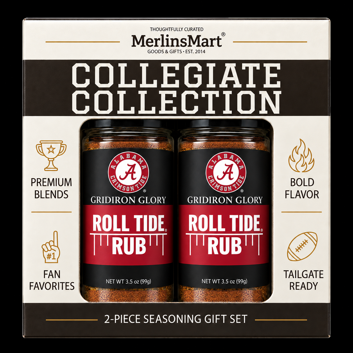 MerlinsMart Roll Tide Rub 2-count gift box, University of Alabama officially licensed BBQ seasoning