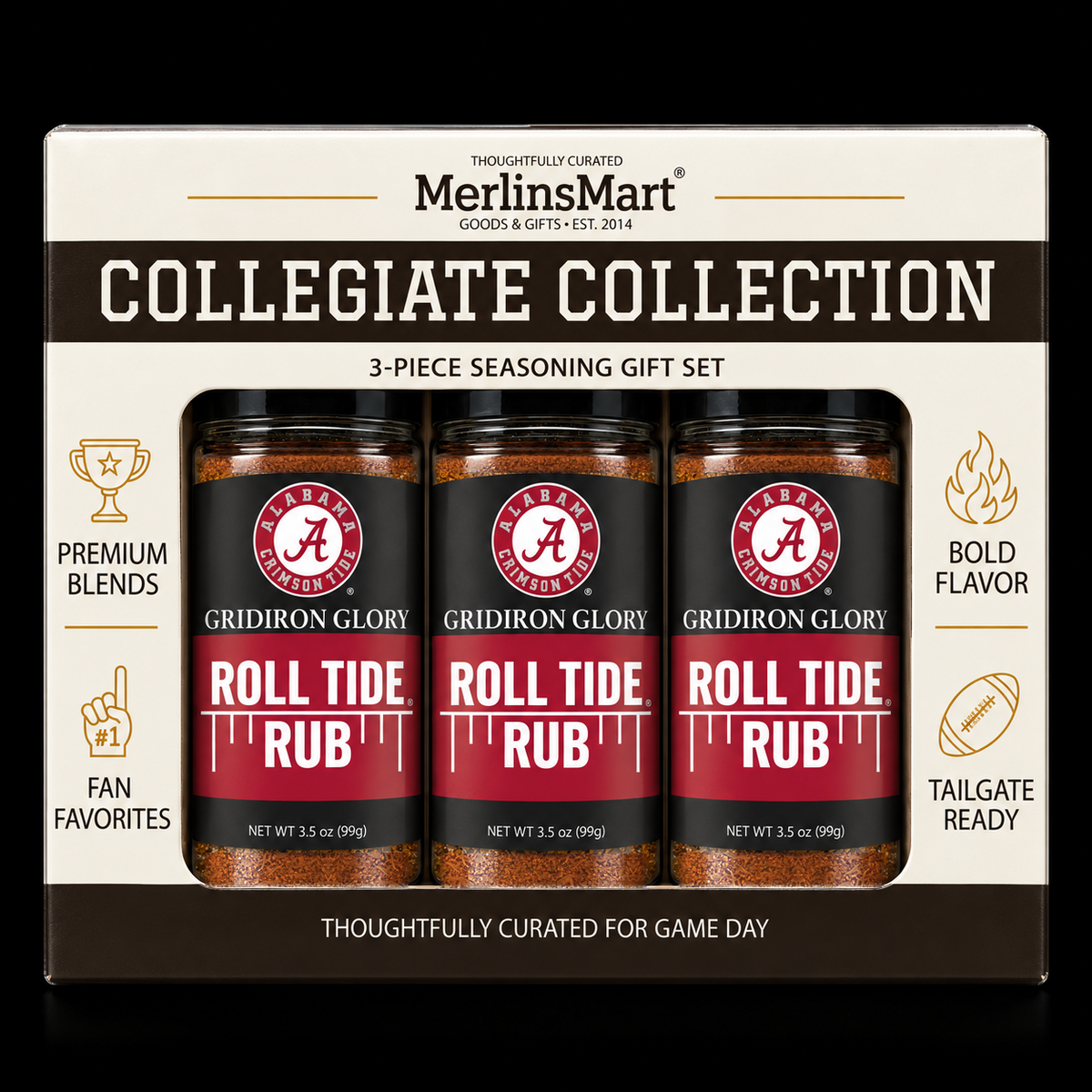 MerlinsMart Roll Tide Rub 3-count gift box, University of Alabama officially licensed BBQ seasoning