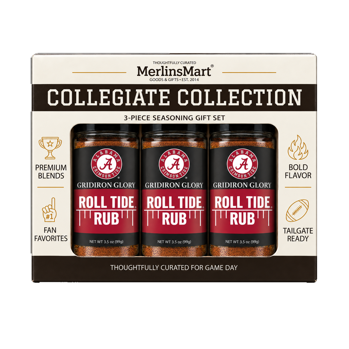 MerlinsMart Roll Tide Rub 3-count gift box, University of Alabama officially licensed BBQ seasoning