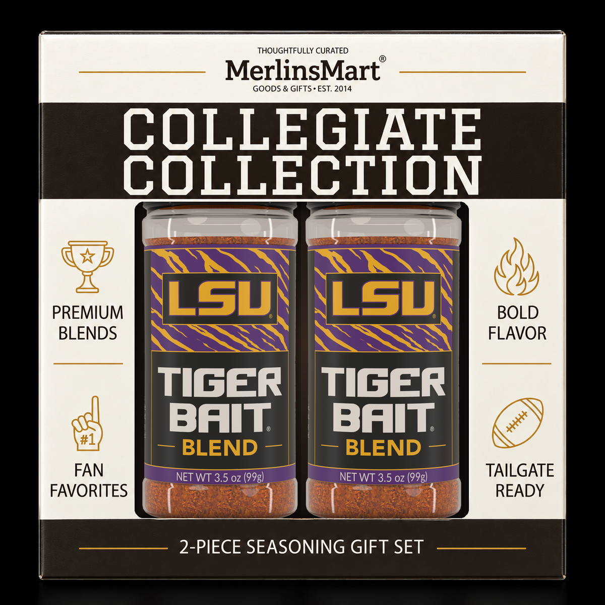 MerlinsMart Tiger Bait Blend 2-count gift box, LSU officially licensed BBQ seasoning