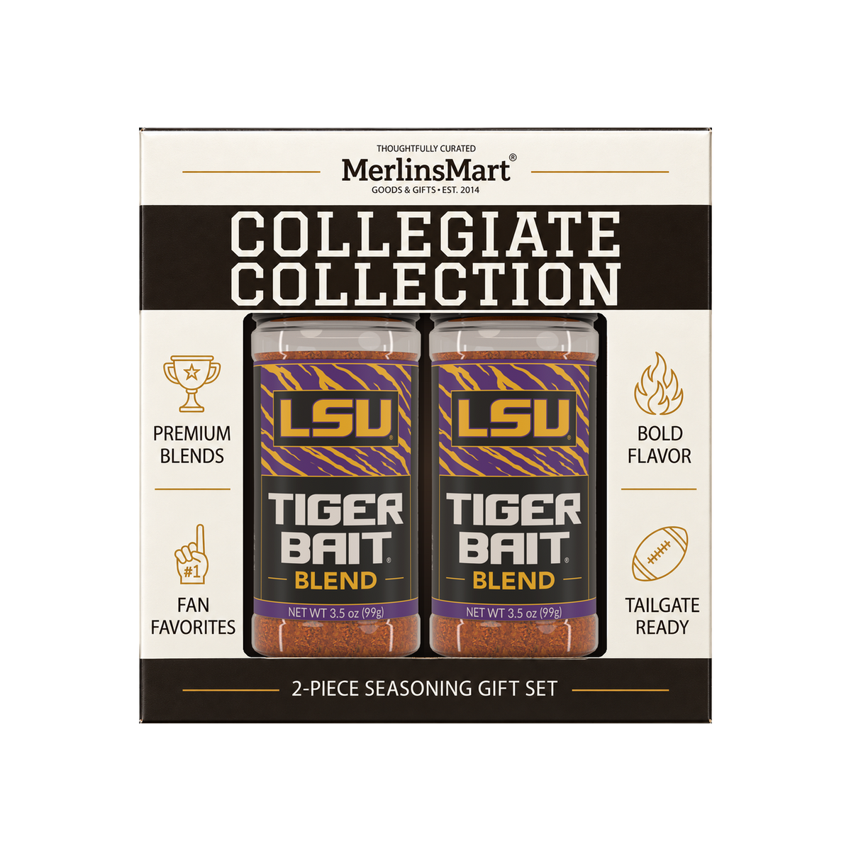 MerlinsMart Tiger Bait Blend 2-count gift box, LSU officially licensed BBQ seasoning