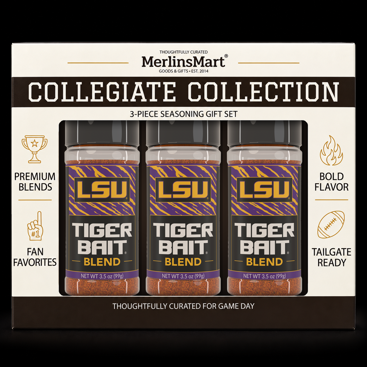 MerlinsMart Tiger Bait Blend 3-count gift box, LSU officially licensed BBQ seasoning