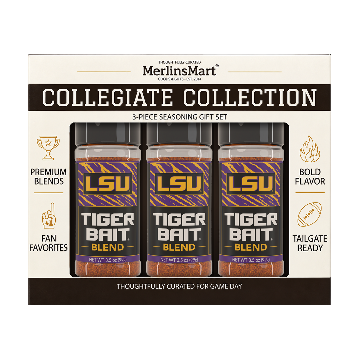 MerlinsMart Tiger Bait Blend 3-count gift box, LSU officially licensed BBQ seasoning