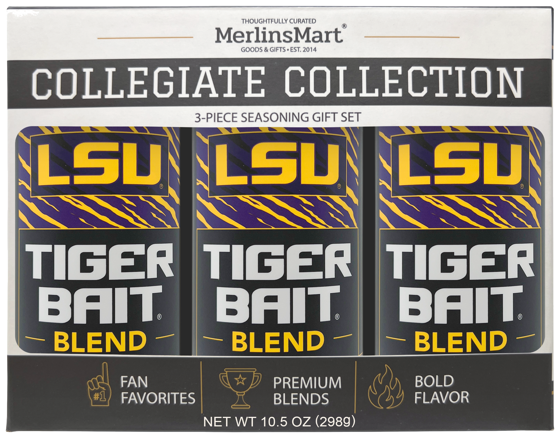 MerlinsMart Tiger Bait Blend 3-count gift box, LSU officially licensed BBQ seasoning, three jars in packaging