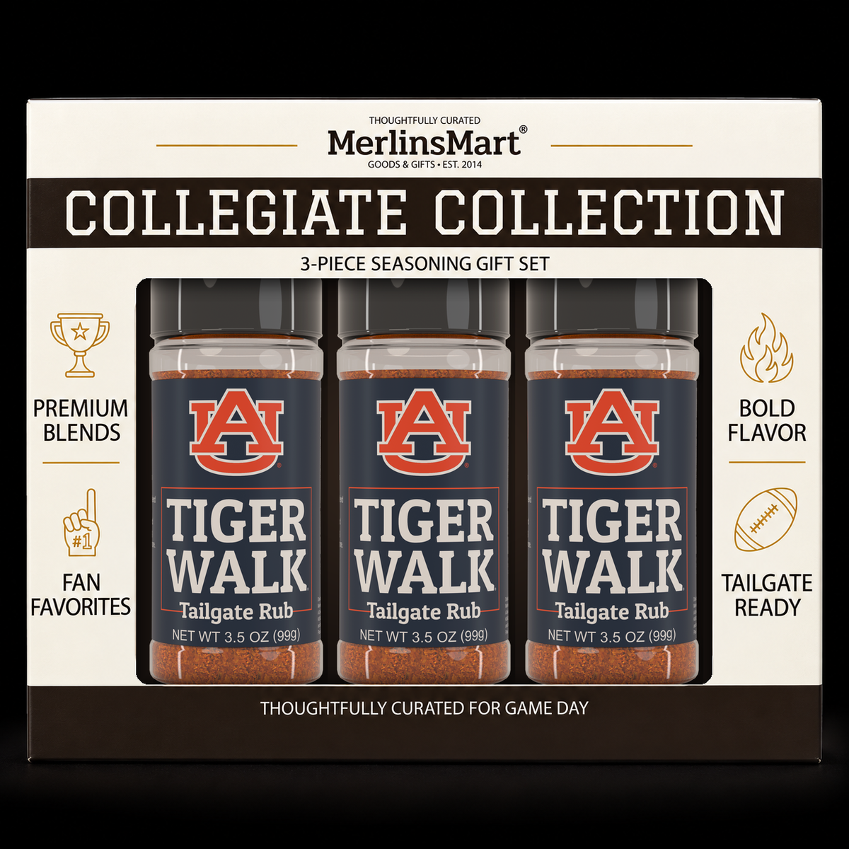 MerlinsMart Tiger Walk Tailgate Rub 3-count gift box, Auburn officially licensed BBQ seasoning