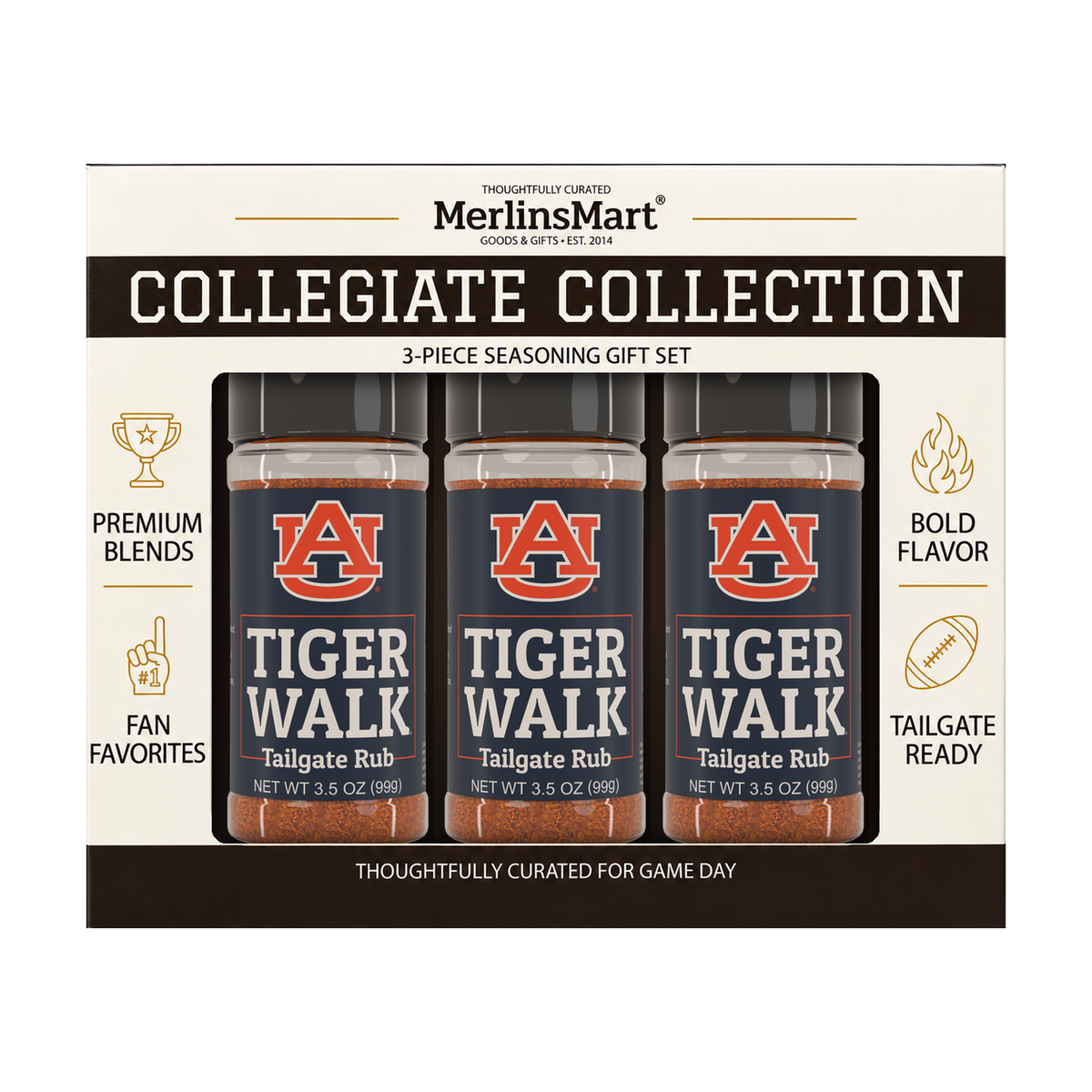 MerlinsMart Tiger Walk Tailgate Rub 3-count gift box, Auburn officially licensed BBQ seasoning