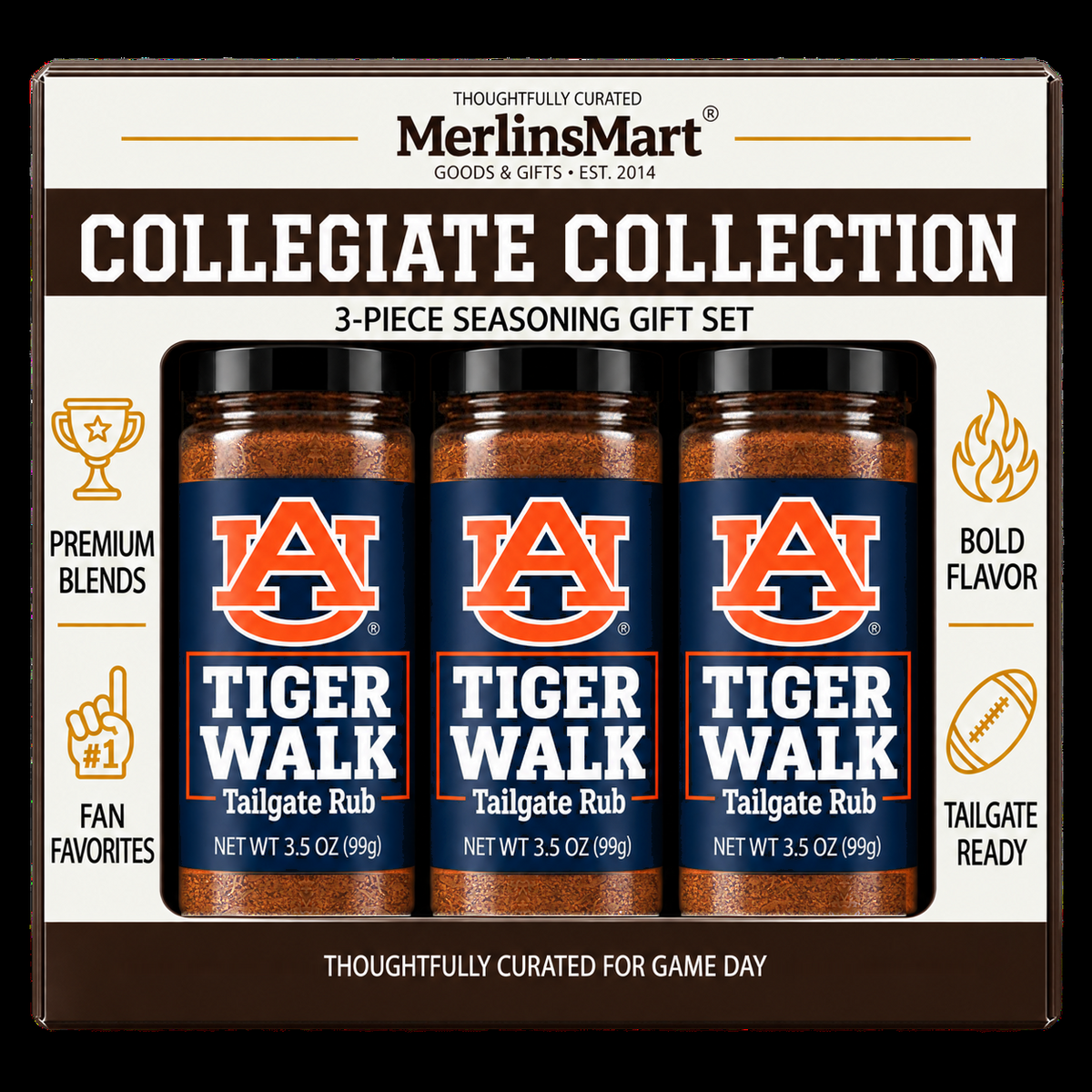 MerlinsMart Tiger Walk Tailgate Rub 3-count gift box, Auburn officially licensed BBQ seasoning