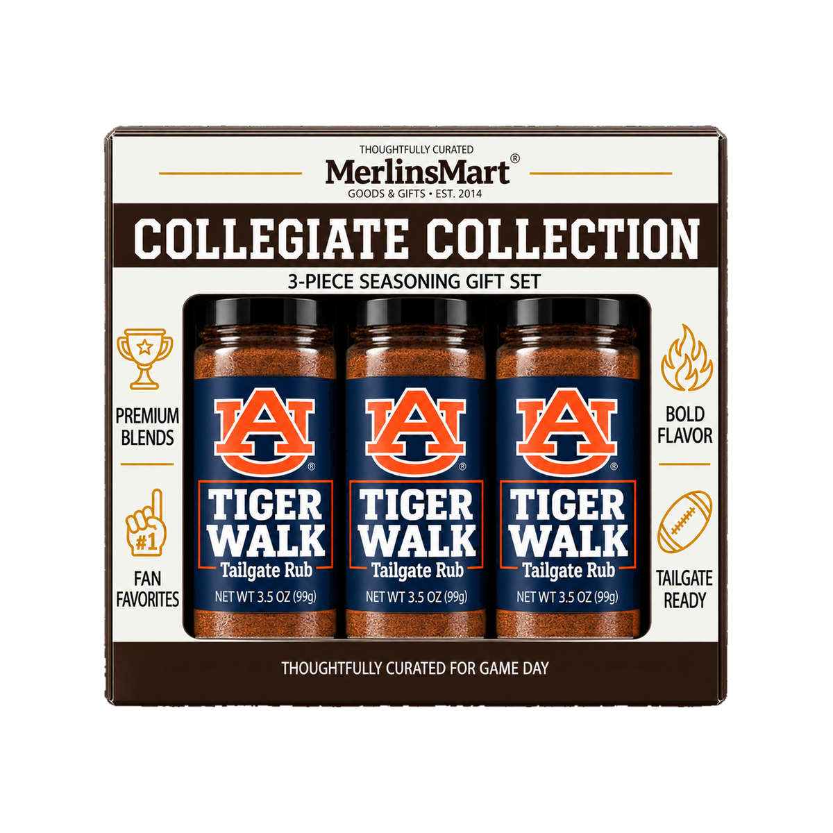 MerlinsMart Tiger Walk Tailgate Rub 3-count gift box, Auburn officially licensed BBQ seasoning