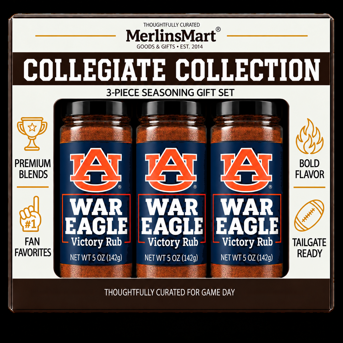 MerlinsMart War Eagle Victory Rub 3-count gift box, Auburn officially licensed BBQ seasoning