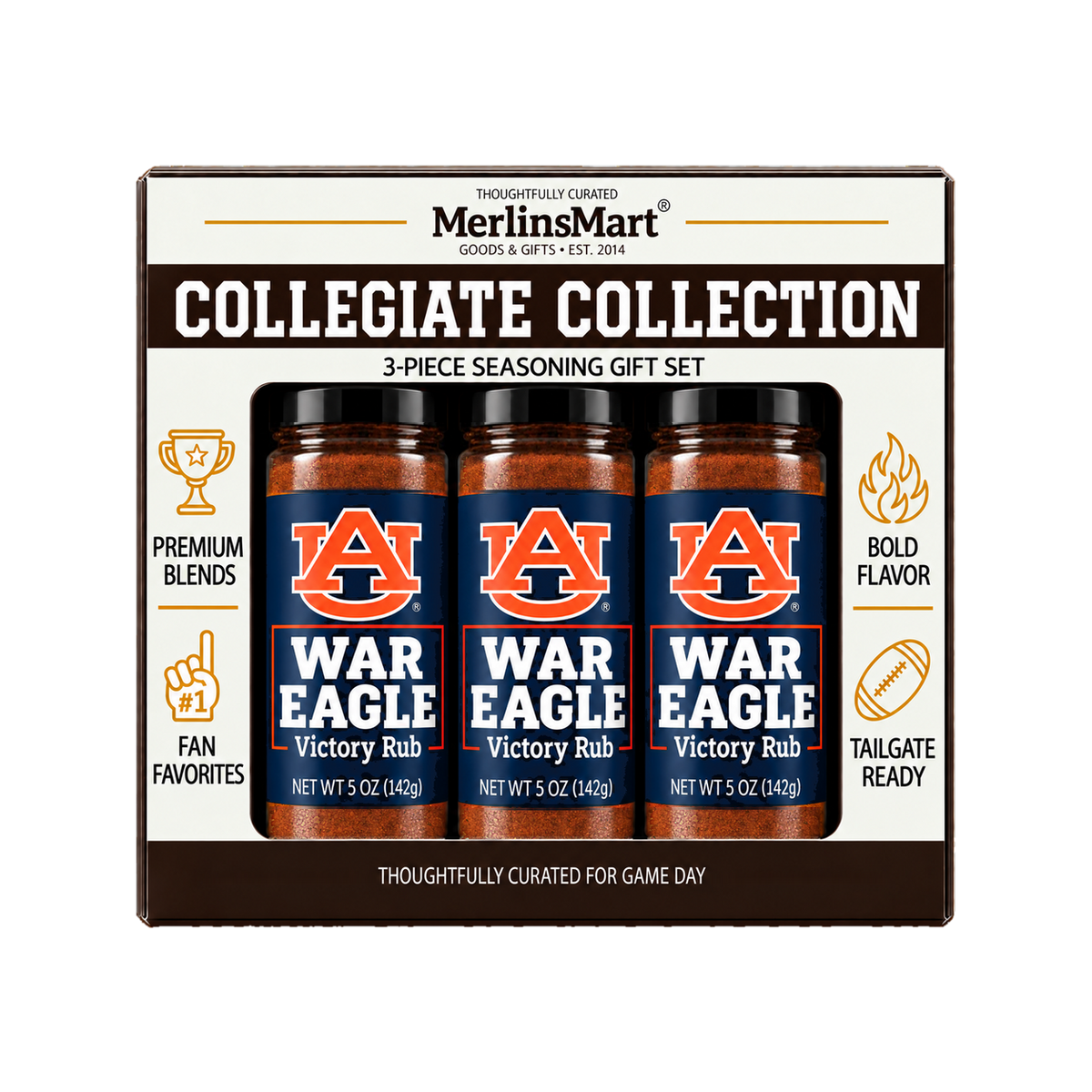 MerlinsMart War Eagle Victory Rub 3-count gift box, Auburn officially licensed BBQ seasoning