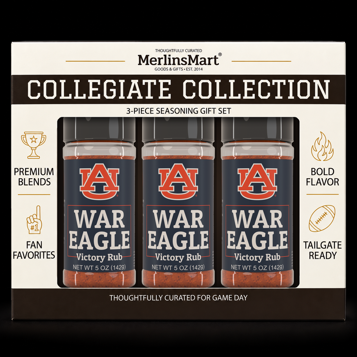 MerlinsMart War Eagle Victory Rub 3-count gift box, Auburn officially licensed BBQ seasoning