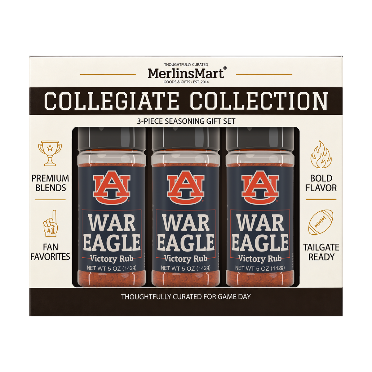 MerlinsMart War Eagle Victory Rub 3-count gift box, Auburn officially licensed BBQ seasoning